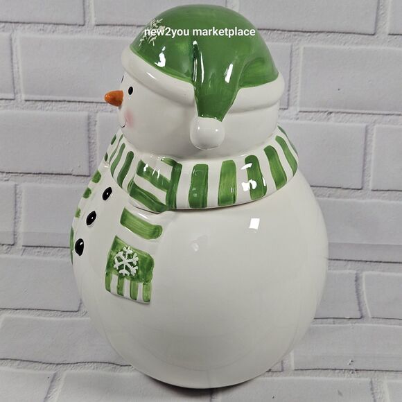Snowman Cookie Jar Green and White w/Snowflake Scarf With Rubber Stopper 11"X6W. - Picture 13 of 13